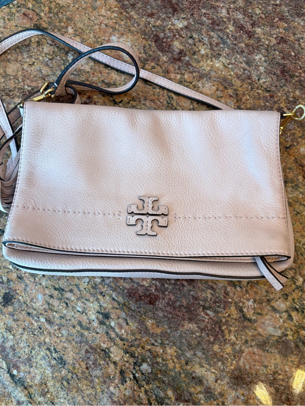 Tory Burch Pale Blush Pink Leather Crossbody or Clutch Bag with Logo Emblem